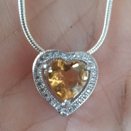 925 Sterling Silver, Citrine Heart and Cubic Zirconia Pendant