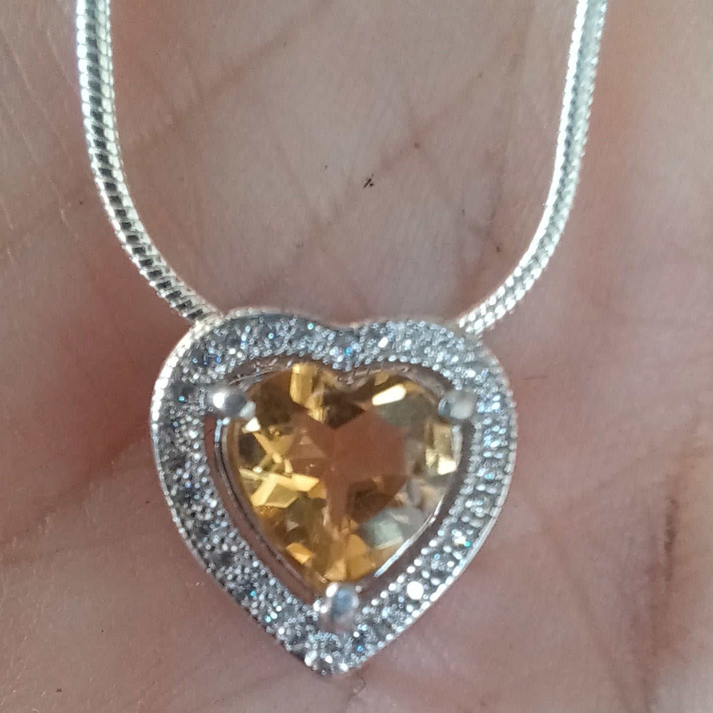 925 Sterling Silver, Citrine Heart and Cubic Zirconia Pendant