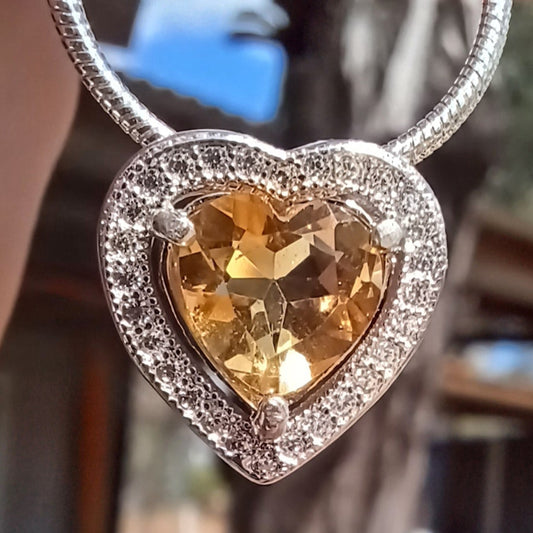 925 Sterling Silver, Citrine Heart and Cubic Zirconia Pendant